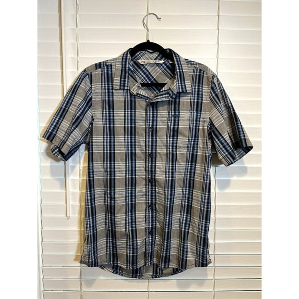 Travis Mathew Gray and‎ Blue Striped Short Sleeve Button Up Shirt - Size L